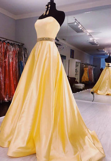 Yellow satin long prom dress evening dress HZ1023